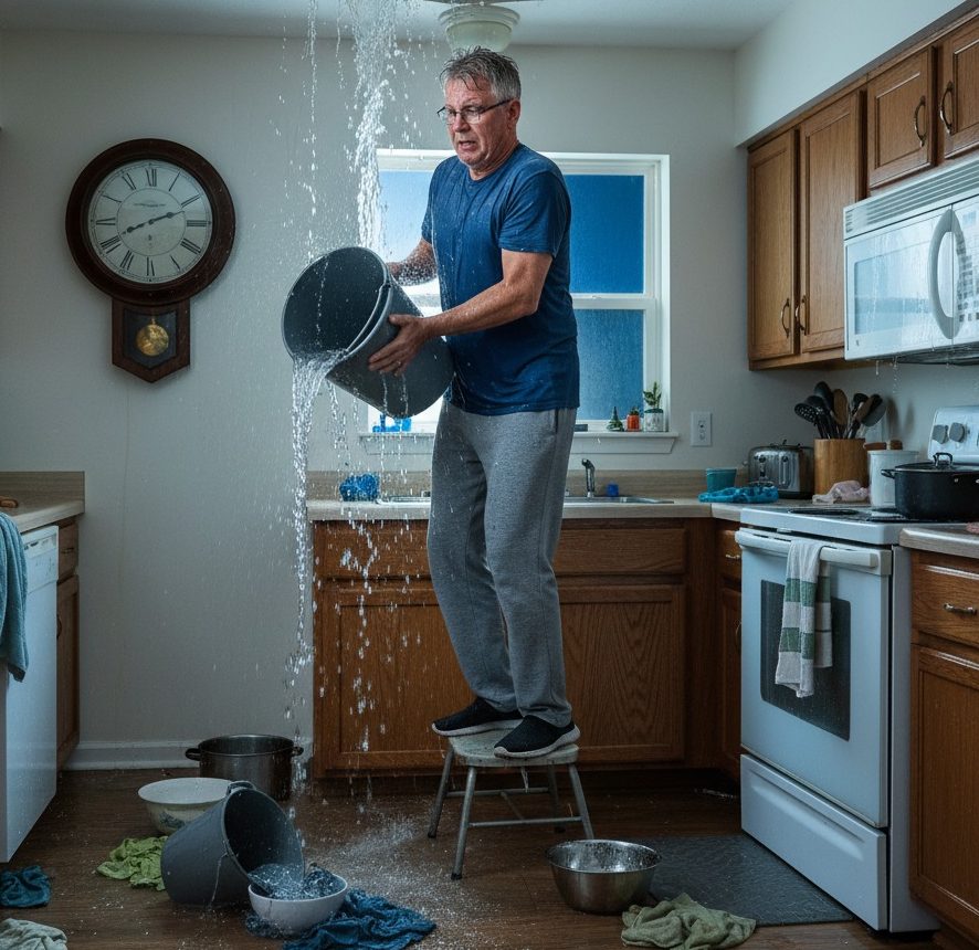 Un hombre parado sobre un taburete sostiene un cubo mientras una gran cantidad de agua cae desde una abertura en el techo de la cocina.
